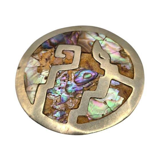 Unbranded Jewelry - Vintage Mexican Alpaca Brooch Pendant Abalone Inlay Pendant Round Art Artisan